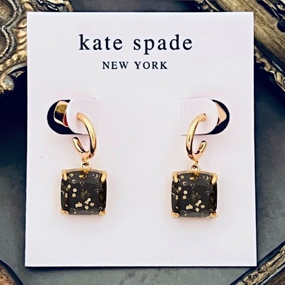 KATE SPADE • Gold Squared Away Black Glitter Huggies Hoop Earrings - Picture 5 of 5